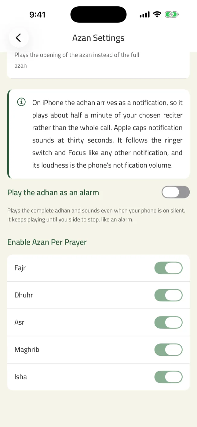 Zad azan settings showing the alarm-mode switch, which plays the complete adhan through Silent, above a per-prayer list of toggles for Fajr through Isha
