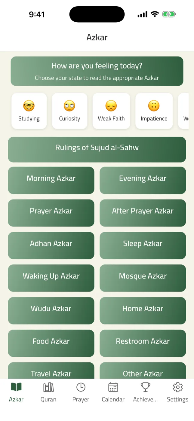 Zad adhkar chosen by state, listing feelings such as anxious, grateful and unwell