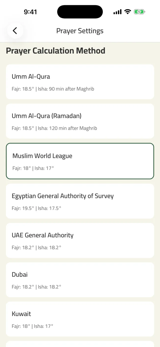 Zad calculation method list showing Umm al-Qura, Muslim World League, the Egyptian General Authority and others, each with its Fajr and Isha angles
