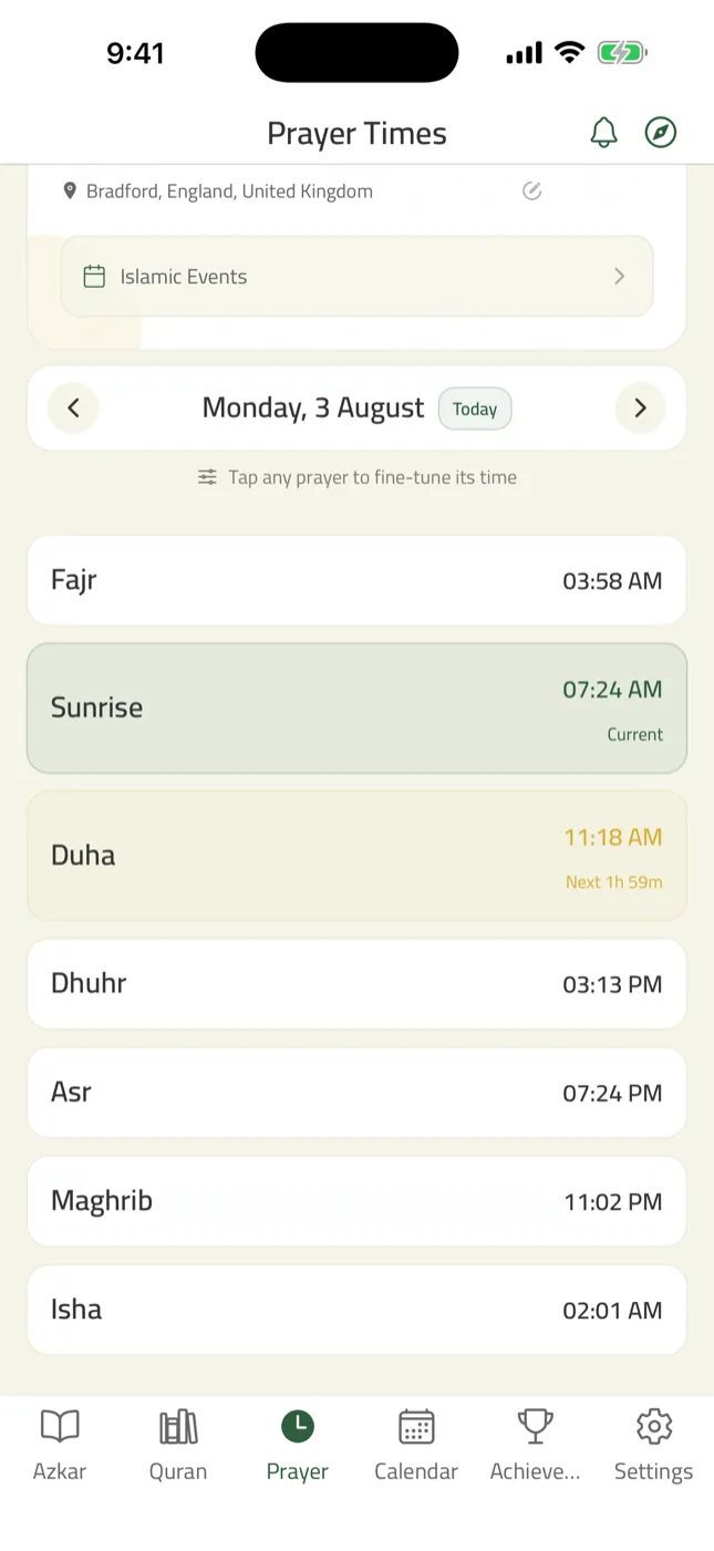 Zad prayer times screen for Bradford listing Fajr through Isha, with the current prayer marked and the time remaining until the next one